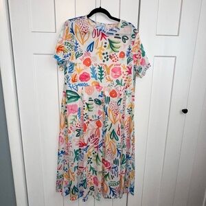 Vibrant Multicolor Abstract Floral Midi Dress - Large